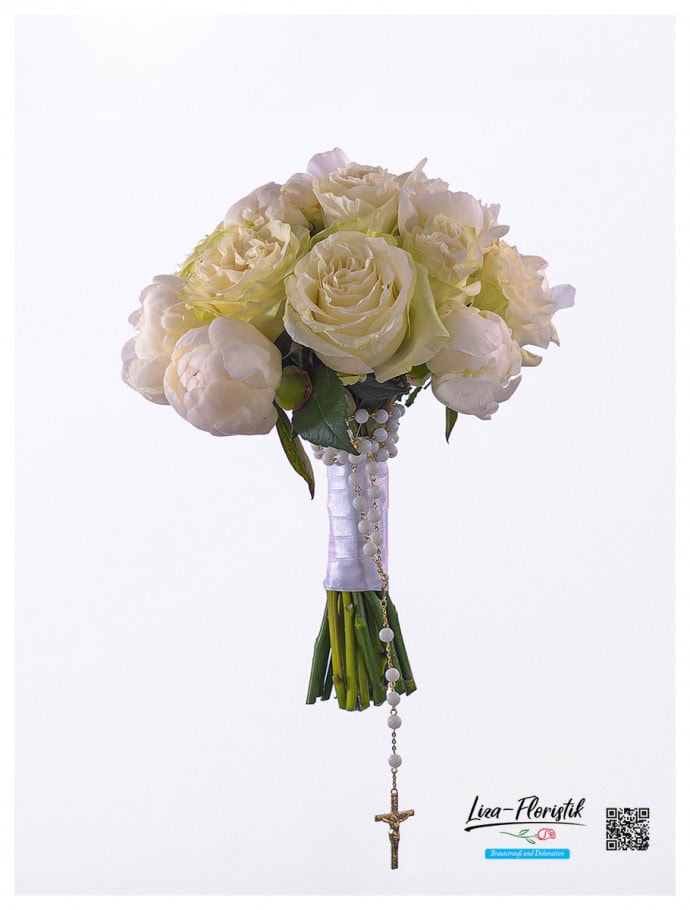 Brautstrauß mit Rosen und weißen Pfingstrosen